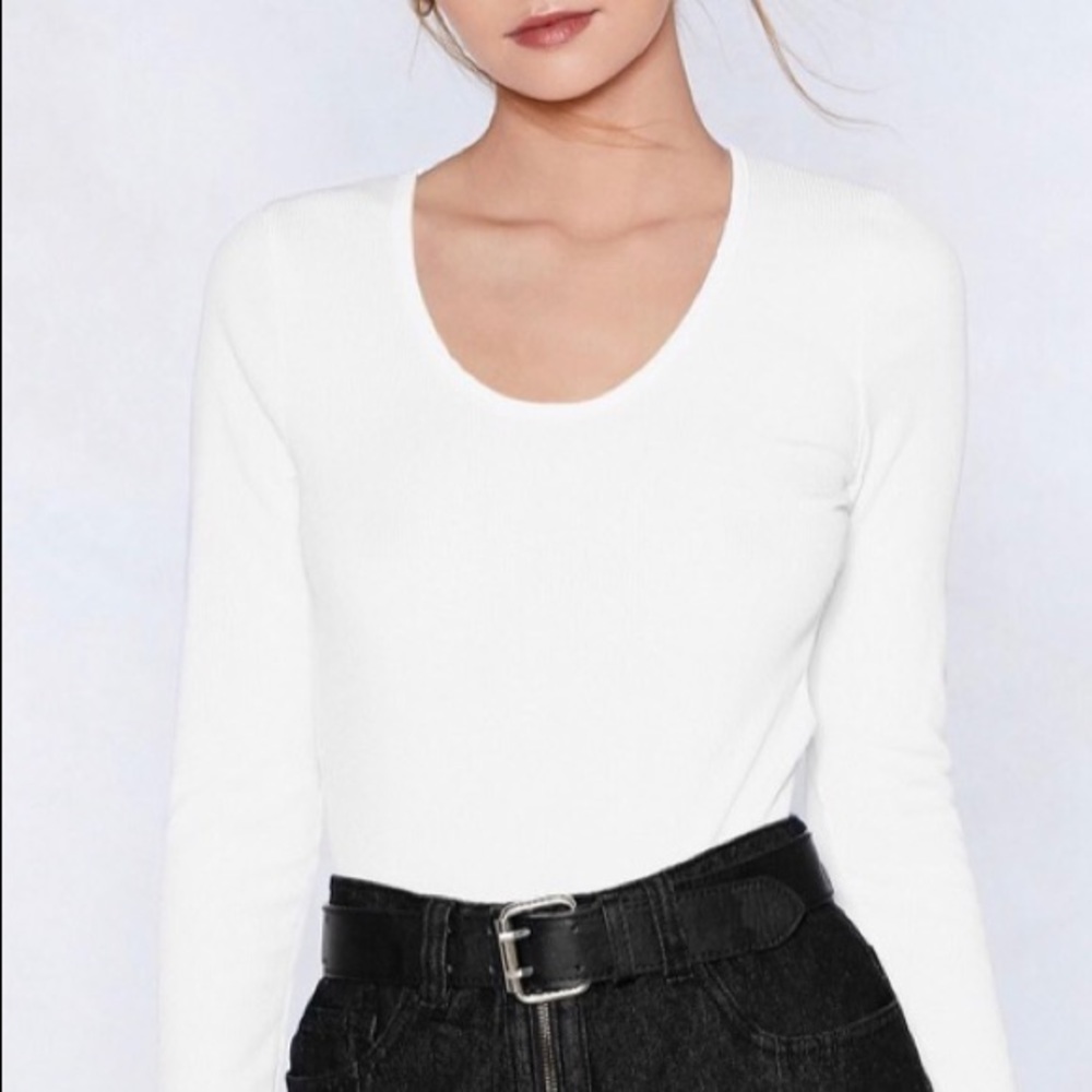 White Ribbed Long Sleeve Bodysuit